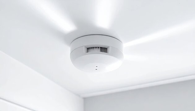 White smoke detector mounted on a white ceiling.