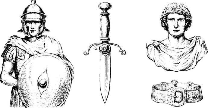 Roman legionary set with scutum shield pugio dagger belt and bust for military history poster design and reenactment reference for museums and study