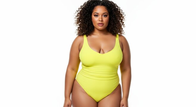 African american woman with curly hair wearing yellow swimsuit. Fashion portrait of confident plus size model posing in studio. Beauty, wellness and summer vacation concept.