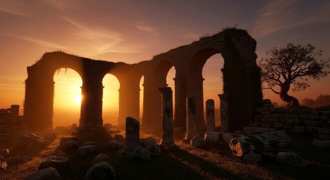 Ancient Roman aqueduct ruins at sunset. Stone arches and weathered columns in a historic landscape. Archaeological heritage site, travel destination, and iconic landmark of antiquity.