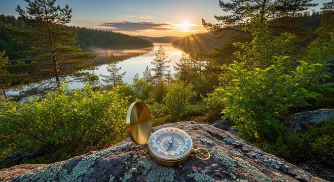Brass compass sitting on a rock in a forest overlooking a lake at sunrise. Antique navigation tool for adventure, travel, and exploration. Concept of finding direction and path.