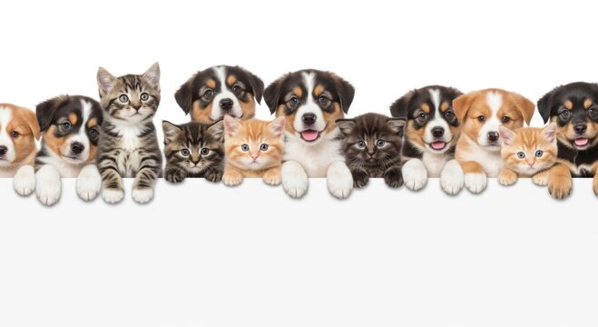 Group of cute puppies and kittens peeking over a blank white banner. Adorable baby animals together in a row. Isolated studio shot of pets for advertising and pet care concept.