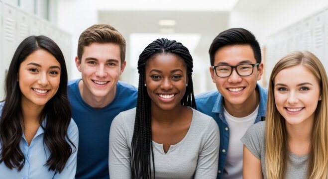Group of diverse student smiling in school hallway. Multiethnic teenagers standing together in university corridor. Education, friendship, happy youth, learning and academic lifestyle concept.