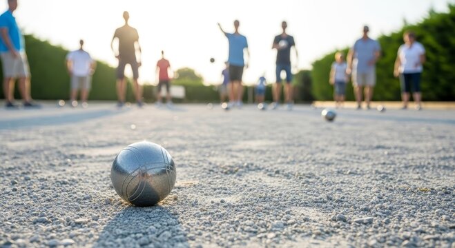 Group of man and woman playing petanque on outdoor court. Metal boule ball on ground during leisure game. Outdoor recreational activity with friends and social sport competition.