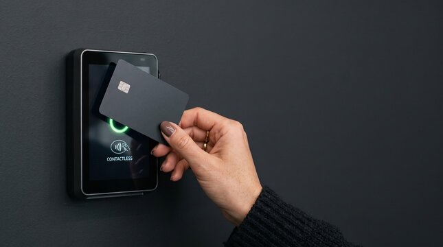 Woman using contactless payment card on access control reader