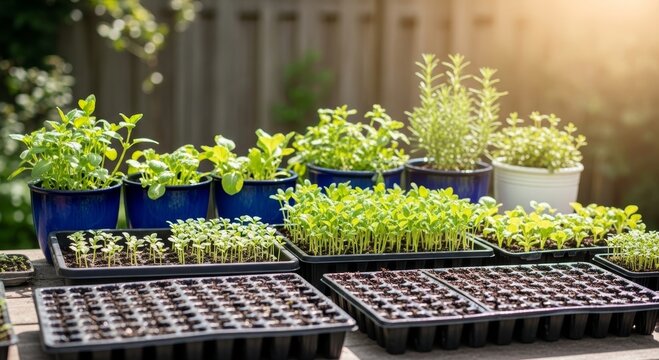Seedlings in black plastic trays and potted herbs on a wooden garden table. Growing sprouts for home gardening and organic food production. Spring planting season agricultural activity.