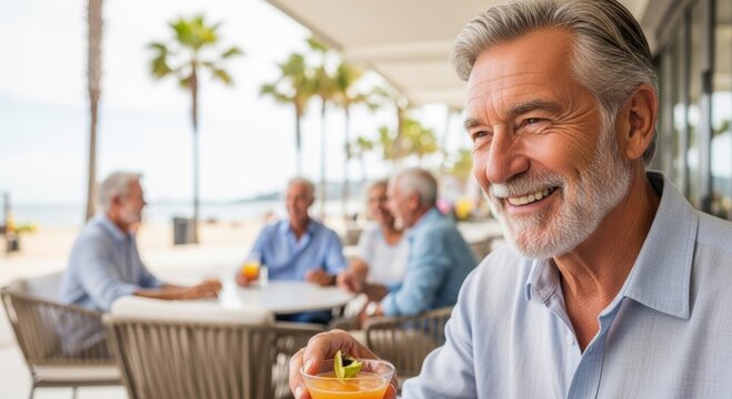 Senior man enjoying fresh cocktail at tropical beach cafe. Group of mature friends gathered at outdoor restaurant. Retirement lifestyle, social gathering and holiday leisure concept.