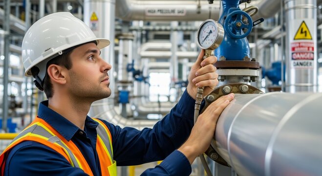 Technician man in hard hat checking pressure gauge on industrial pipe. Oil and gas industry worker monitoring pipeline flow. Engineering maintenance and safety inspection in factory.