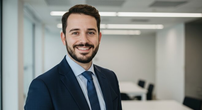 Smiling man in business suit standing in office. Caucasian manager portrait for corporate profile. Successful professional person representing leadership and business development concept.