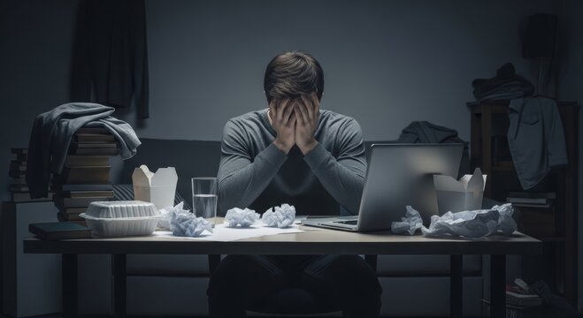 Stressed man sitting at desk with laptop and covering face with hand. Overworked student or employee struggling with deadline. Exhausted person in messy room. Professional burnout concept.