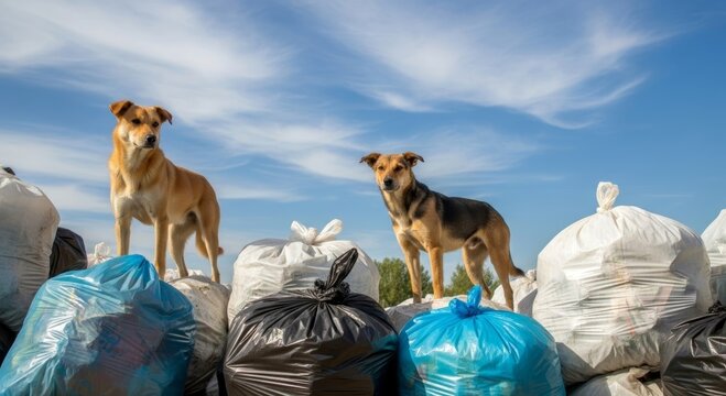 Two dogs standing on pile of plastic waste bags at landfill site. Environmental pollution and urban stray animal problem. Ecological disaster with garbage accumulation in nature landscape.