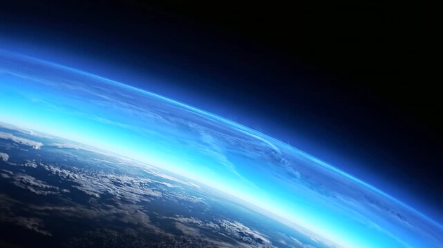 Extreme close-up of Earth's atmospheric limb with glowing blue gradient fading into deep black space, microscopic cloud details along the horizon, scientifically