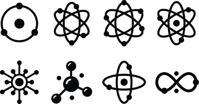 Chemistry Atom Icon Vector Pack -  Minimalist Molecular Science Silhouette Black Physics Collection