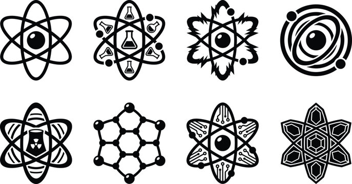 Science Atom Silhouette Vector Collection - Physics Orbital Structure Icons Black Educational Design