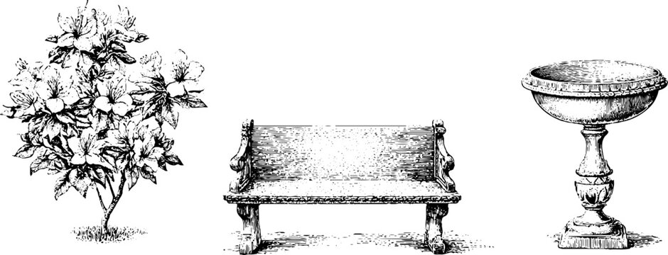 Vintage azalea shrub with ornate wooden bench and decorative urn engraved botanical set for spring garden design background