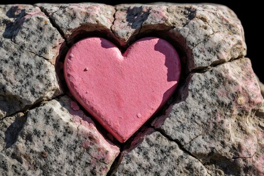 Pink heart shape embedded in cracked rough granite stone surface. Symbol of love appears from rough texture. Vibrant color contrasts with natural rock material, representing enduring affection,