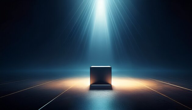 single spotlight illuminating a cube in a dark void