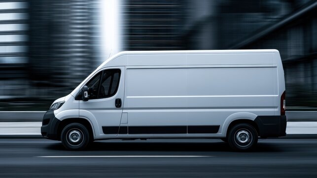A white cargo van speeds along a blurred city street. Ideal for delivery logistics and transport services.