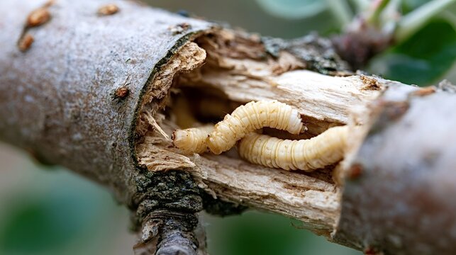 Woodworm larvae are consuming a damaged tree branch, creating visible trails and damage, highlighting the persistent threat of pests to healthy plant life and vegetation