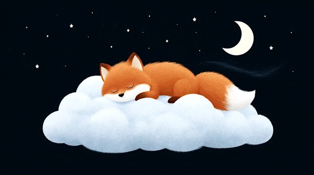 Adorable foxy creature sleeping soundly on a soft white cloud in a dark night sky, surrounded by small shining stars and a crescent moon, evoking sweet dreams and peaceful rest