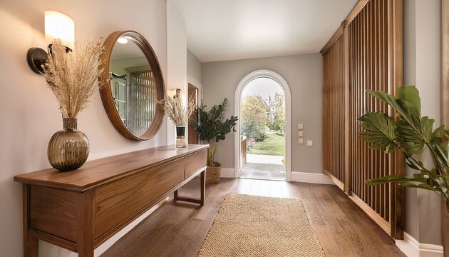 a premium home entryway with a narrow wooden console table a large arched mirro