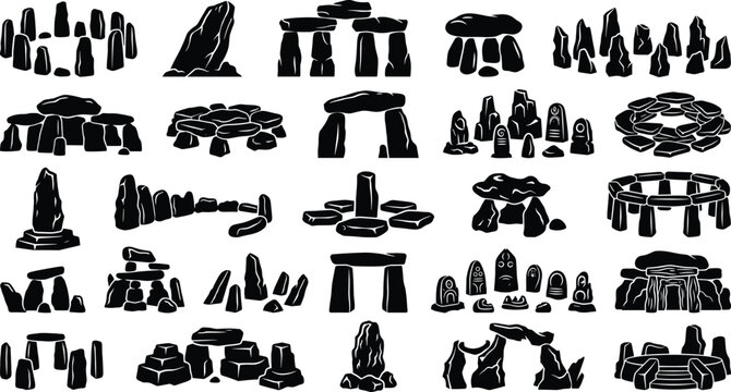 Ancient Stone Monument and Megalith Landmark Vector Collection with Prehistoric Rock Structures