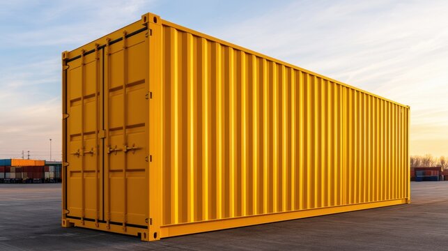 A large yellow shipping container standing on a flat ground at sunset. Perfect for logistics, global trade, and.