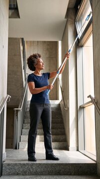 Dunkelh&auml;utige Frau &ouml;ffnet in Untersicht ein hohes Fenster mit einer Teleskopstange im modernen Treppenhaus