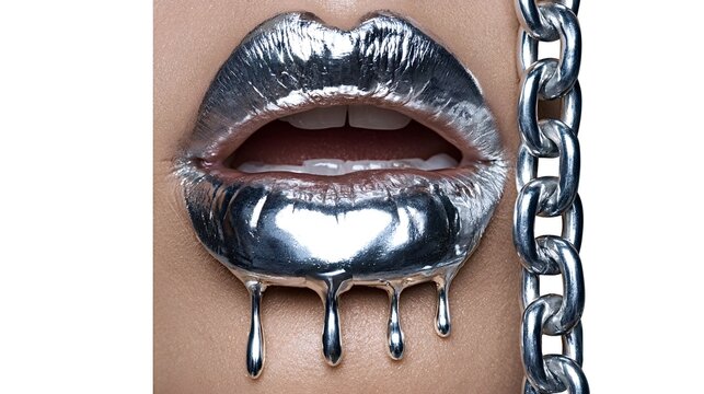 Female mouth featuring glossy silver metallic liquid lipstick dripping down the chin, creating a futuristic fashion and beauty statement with a bold metallic chain