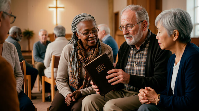 Diverse senior adults discussing scripture during a Bible study in a church. Elderly man holding a Holy Bible. Christian faith and community fellowship concept