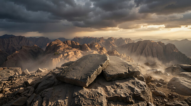 Two stone tablets on a rocky mountaintop. Dramatic biblical landscape of Mount Sinai under stormy sky. Ten Commandments and religious faith concept