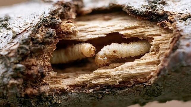 Woodworm larvae consuming the inner wood of a damaged tree branch, creating tunnels and showing evidence of a destructive pest infestation on natural timber