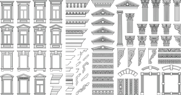 Classical Architectural Elements Collection with Windows Columns Cornices and Decorative Vector Line Art