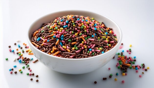 white bowl filled with assorted chocolate sprinkles in bright colors isolated on clean white surface