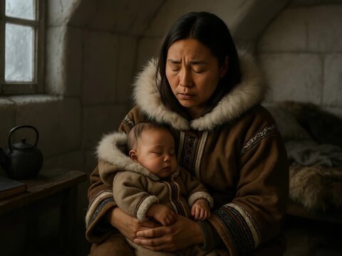 Indigenous Inuit mother in traditional fur parka caring for her infant while experiencing postpartum depression, appearing emotionally withdrawn, exhausted and overwhelmed, arctic family setting, mate