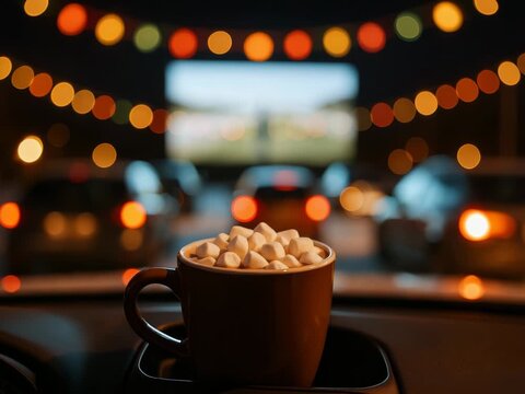 Cozy drive-in cinema date with hot chocolate and marshmallows in a mug, festive nightlife bokeh lights