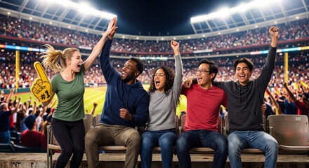 Naklejka premium Diverse Group of Friends Cheering at Baseball Stadium Night Game