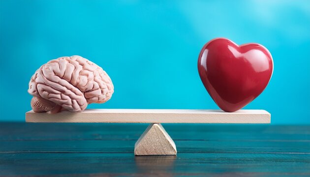 business leadership and emotional intelligence balance concept featuring brain and heart on wooden scale