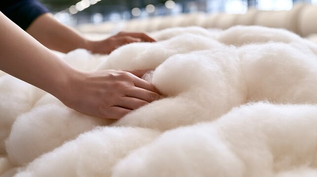 Worker checking quality and softness of natural cotton fiber during sorting process, highlighting material comfort and textile industry production