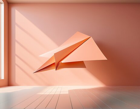 minimalist peach paper airplane soaring through clean modern studio space