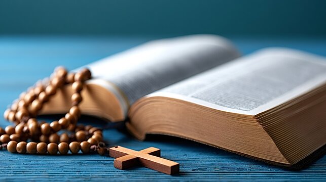 Open bible resting on a blue wooden surface with rosary beads and a small wooden cross conveying themes of christian faith, spirituality, prayer, and religious study with depth and reverence