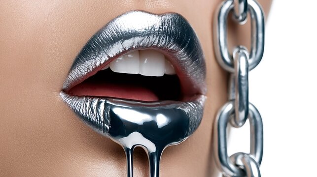 Womans mouth featuring metallic silver lipstick with liquid chrome dripping from the lower lip. Framed by a heavy metal chain against a white background