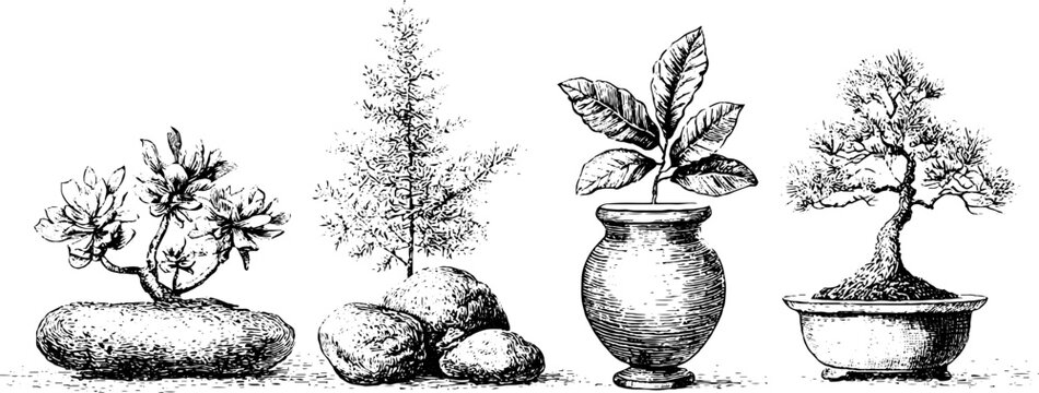 Hand drawn rock garden illustration set with mixed stones, potted plants and bonsai for spring botanical background and design