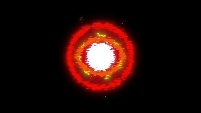 Retro pixel art explosion animation, 8-bit style fire blast effect on black background, vintage arcade game burst of red and orange flames