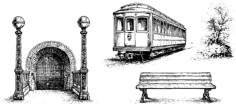 Historic subway entrance with lampposts and vintage train car ink illustrations set with bench for retro urban background design