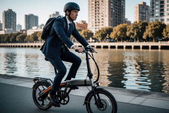 Businessman in suit rides folding electric bicycle by water. He wears helmet and backpack, commuting to work in city. Modern urban transport solution for busy professional.