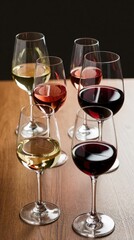 Naklejka premium Six glasses with red white and rose wine arranged on a wooden table. Various wines prepared for tasting. Alcoholic beverages in elegant glassware for guests.