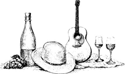 Obraz premium Hand drawn summer picnic still life with guitar wine bottle grapes and straw hat for background wallpaper and poster design with rustic vintage style