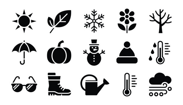 Set of black weather and seasonal featuring sun leaf snowflake flower bare tree umbrella pumpkin snowman beanie thermometer sunglasses boot watering can and windy cloud symbols