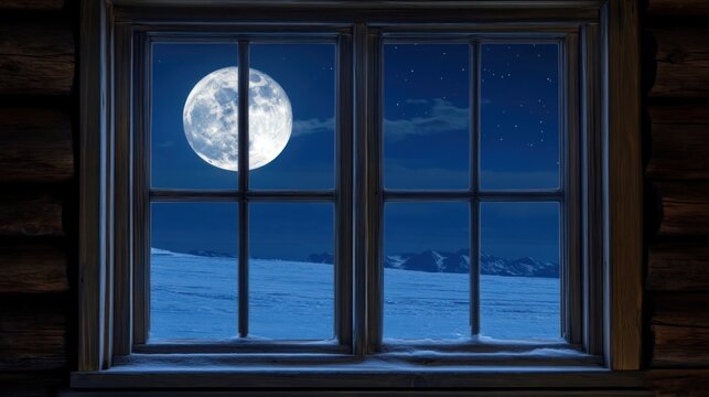 Full moon view through the window frame